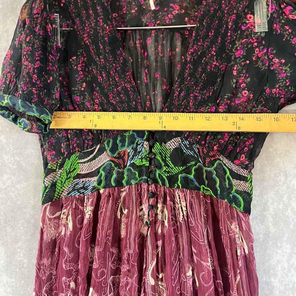 Free People Midi Dress Women XS Plum Black Floral Mixed Print Boho V-Neck Hippie - Picture 7 of 11